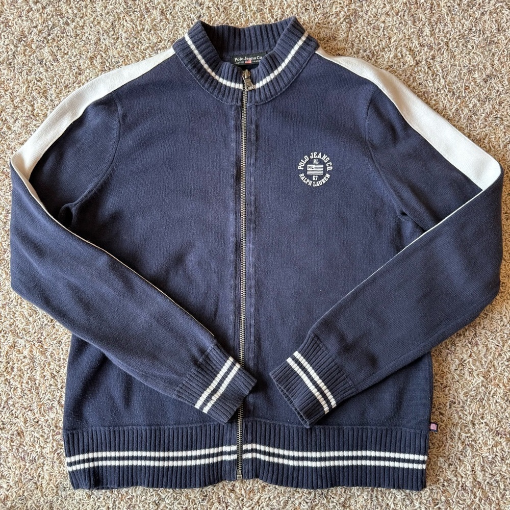 Vtg Polo Jeans Ralph Lauren Sweater Womens Full Zip Varsity Stripe Medium Navy - Picture 10 of 13